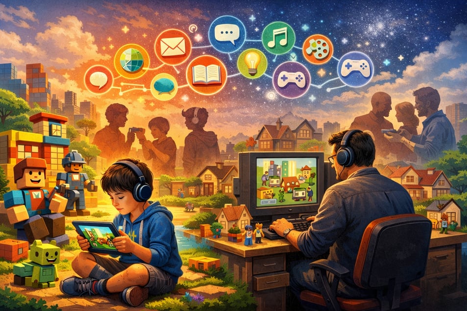 The image depicts a vibrant digital landscape that seamlessly blends elements from various gaming eras On the left side a child engrossed in a colorfu-1