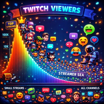 Twitch Viewer Distribution Chart with Gaming Avatars and Chat Bubbles